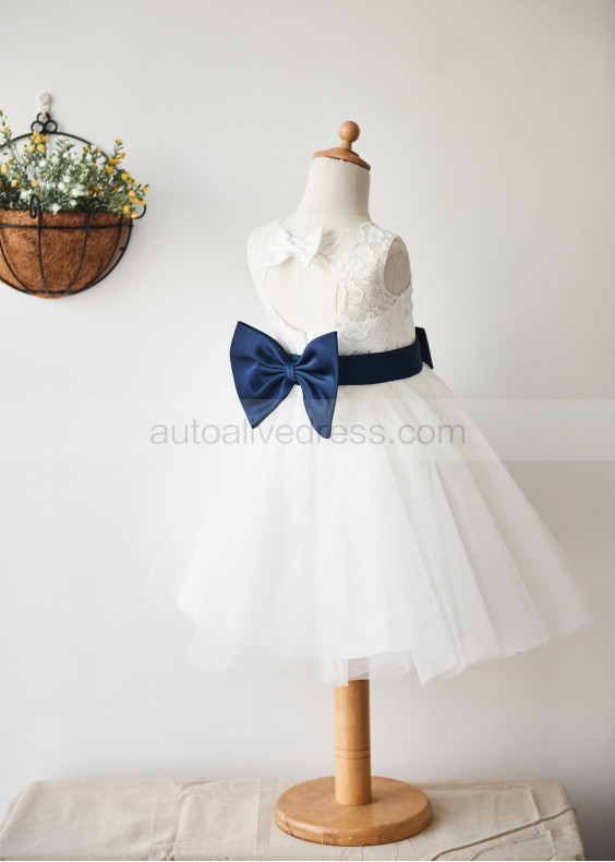 Keyhole Back Lace Tulle Knee Length Wedding Flower Girl Dress Keyhole Back Lace Tulle Knee Length Wedding Flower Girl Dress